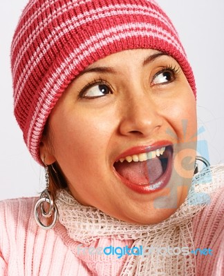Girl Warm With Woolen Hat Stock Photo