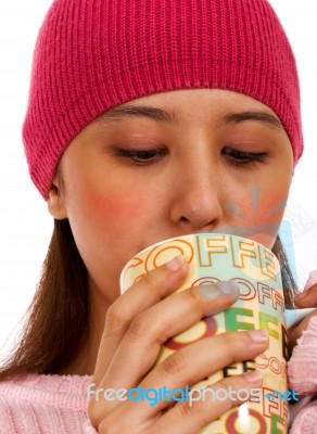 Girl Warming Herself With Coffee Stock Photo