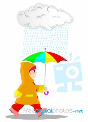 Girl Wears Raincoat Walking In The Rain Stock Image