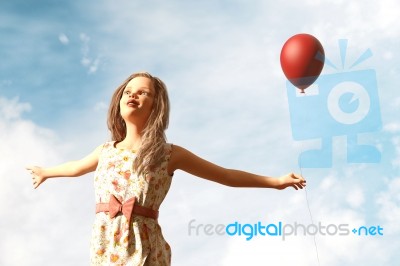 Girl With Red Balloon,3d Illustration Stock Image