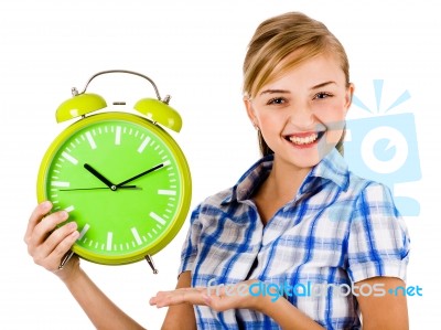 Girl With The Clock Stock Photo