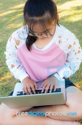 Girl Working With Laptop On Grass Stock Photo
