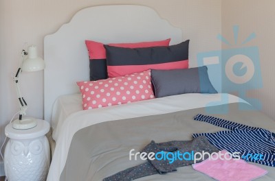 Girl's Bedroom With Classic White Bed And Pillows Stock Photo