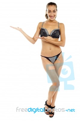 Glamorous Bikini Woman Presenting Copy Space Area Stock Photo