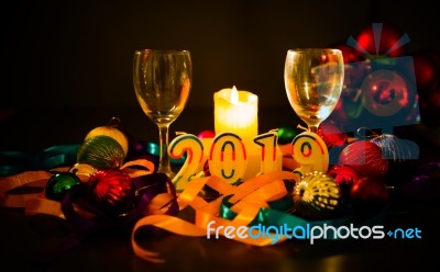 Glasses Of Champagne And New Year Decorations Stock Photo