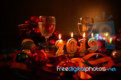 Glasses Of Champagne And New Year Decorations Stock Photo