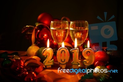 Glasses Of Champagne And New Year Decorations Stock Photo