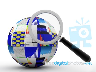Globe And Chart Or Graph Stock Market Under Magnify Review Stock Image