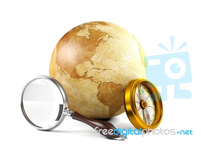 Globe With Magnifying Glass And Compass Stock Image
