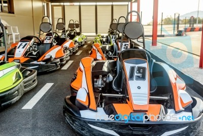 Go- Kart Cars On Parking Of The Playground Racing Track Stock Photo