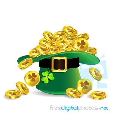 Gold Coin In St. Patrick's Day Hat With Shamrock Stock Image