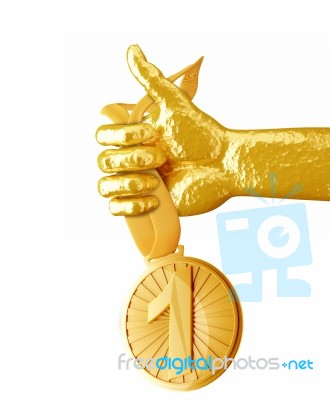 Gold Hand Holding Medal Isolated On White Background Stock Image