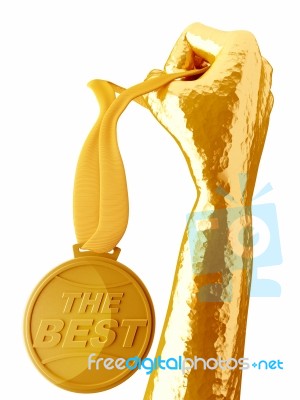 Gold Hand Holding Medal The Best Isolated On White Background Stock Image