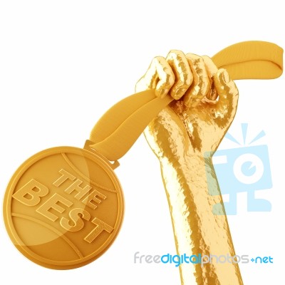 Gold Hand Holding Medal The Best Isolated On White Background Stock Image