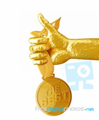 Gold Hand Holding Medal The Best Isolated On White Background Stock Image