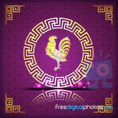 Gold  Roosters In Chinese Circle On Purple Background And Shadow… Stock Image