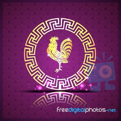 Gold  Roosters In Chinese Circle On Purple Background And Shadow… Stock Image