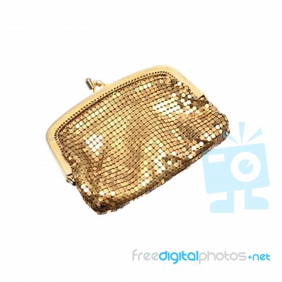 Golden Coin Purse Isolated On White Stock Photo