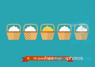 Golden Eggs In Basket Among Ordinary Eggs Stock Image