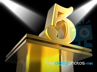 Golden Five On Pedestal Shows Shiny Trophy Or Award Stock Image