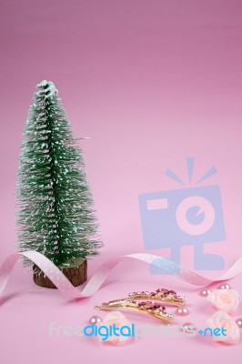 Golden Hairpins With Pink Polka Dot Ribbon On Pink Stock Photo