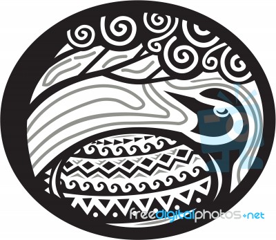 Golden Plover Looking Up Tree Oval Tribal Art Stock Image