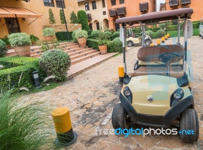 Golf Cart On Golf Course Stock Photo
