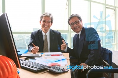 Good Healthy Of Couples Friendship Senior Working Man Shot On Office Working Table, Happiness Emotion ,laughing Face Stock Photo