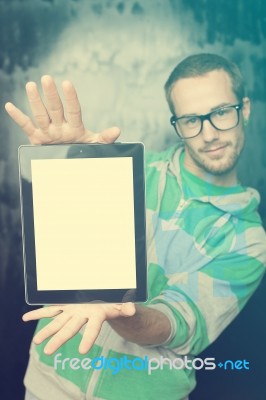 Good Looking Smart Nerd Man With Tablet Computer Stock Photo