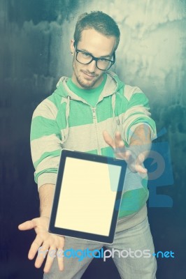 Good Looking Smart Nerd Man With Tablet Computer Stock Photo