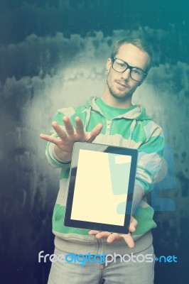 Good Looking Smart Nerd Man With Tablet Computer Stock Photo