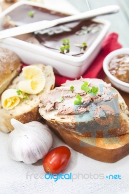 Goose Liver And Sauternes Pate With Chutney, Physalis, Sliced Br… Stock Photo