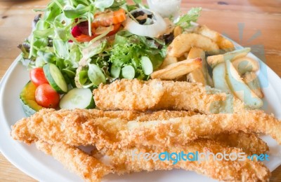 Gourmet Fish And Chips With Salad Stock Photo