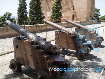 Granada, Andalucia/spain - May 7 : Cannons At The Alhambra Palac… Stock Photo