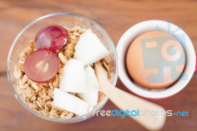 Granola With Fruits And Boiled Egg Stock Photo