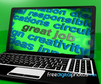 Great Job Screen Shows Awesome Work And Positive Feedback Stock Image