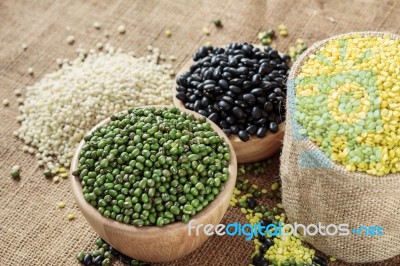 Green Beans On Sack Stock Photo