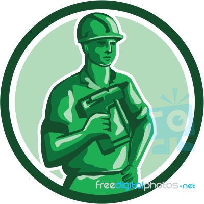 Green Construction Worker Nailgun Circle Retro Stock Image