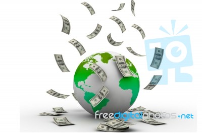 Green Earth And Falling Dollar Banknotes. Dollar Rain Stock Image