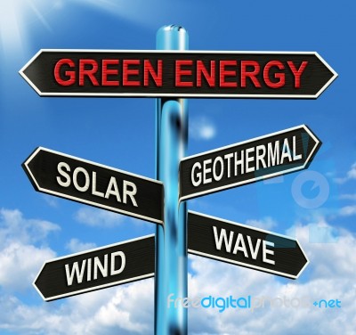 Green Energy Signpost Means Solar Wind Geothermal And Wave Stock Image
