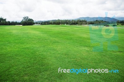 Green Lawn With Mountain Background Stock Photo