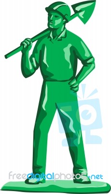 Green Miner Holding Shovel Retro Stock Image