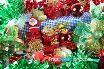 Green Ribbon And Accessory Decorations In Christmas Day Stock Photo
