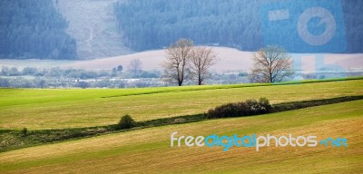 Green Spring Hills In Slovakia. April Sunny Countryside Stock Photo Green Spring Hills In Slovakia. April Sunny Countryside Stock Photo
