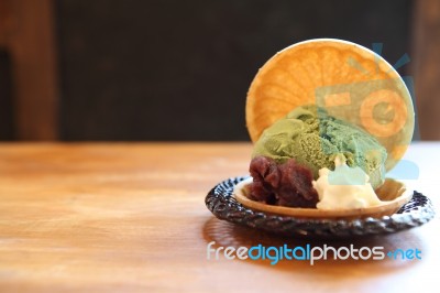 Green Tea Ice Cream With Red Bean Stock Photo