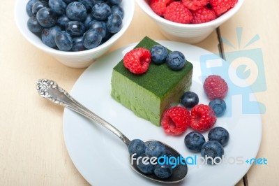 Green Tea Matcha Mousse Cake With Berries Stock Photo