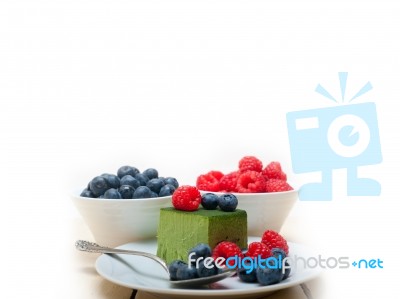 Green Tea Matcha Mousse Cake With Berries Stock Photo