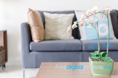 Green Vase Of Flower On Wooden Table Stock Photo