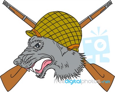 Grey Wolf Head World War 2 Helmet Drawing Stock Image