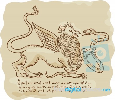 Griffin Fighting Snake Side Etching Stock Image